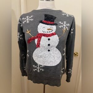 Tipsy Elves Gray Sweater with a snowman and snowflakes